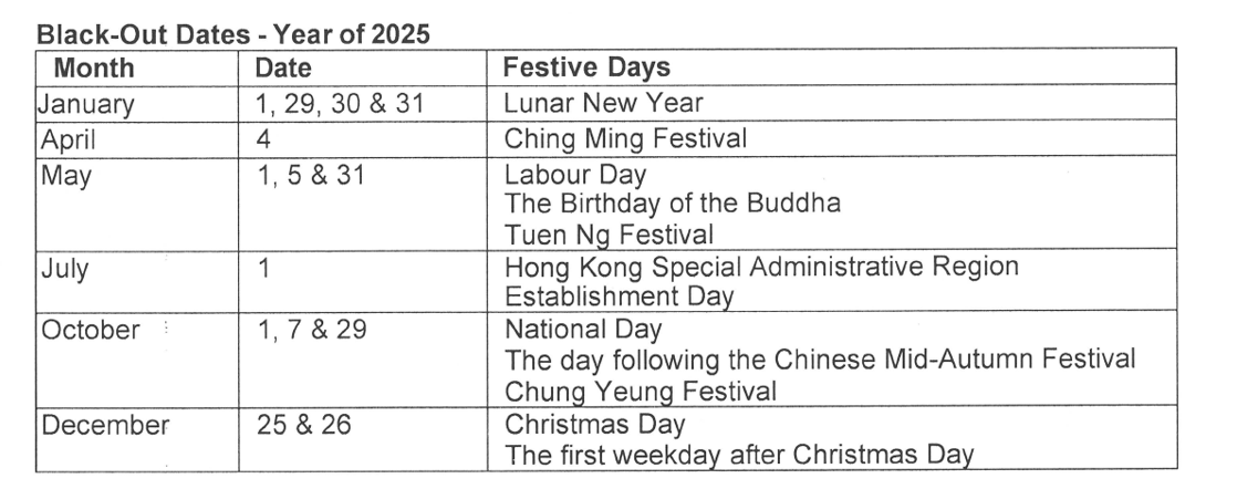 2025 Blackout dates